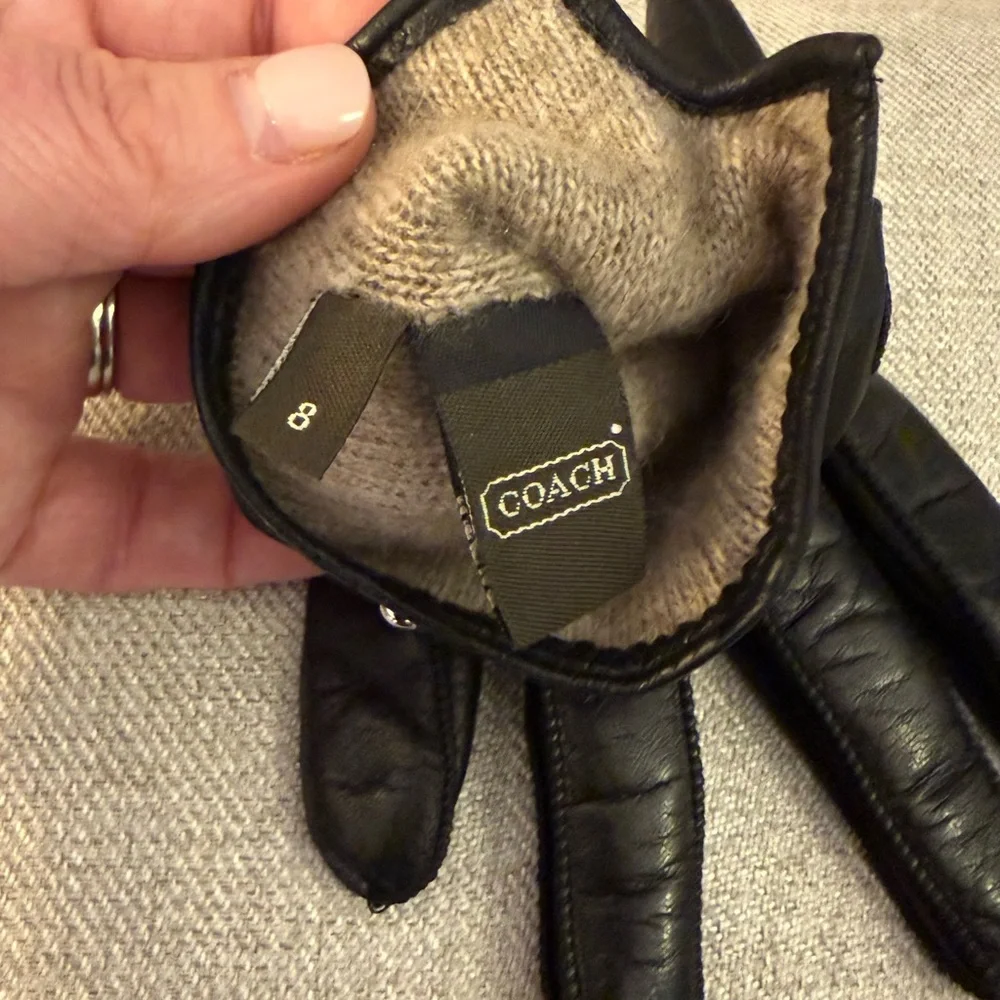 Coach Leather Gloves with Signature Cuff and Cashmere Lining - Black - Size 8